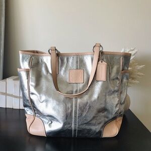 Coach Metallic Silver Tote with Tan Trim